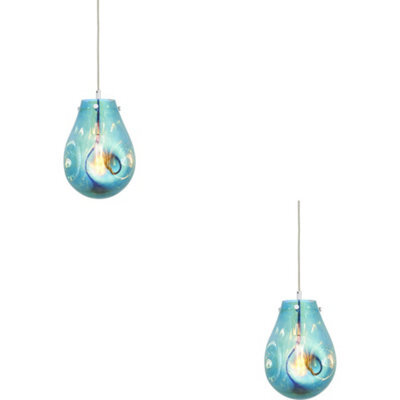 Loops 2 Pack Hanging Ceiling Pendant Light - Petrol Blue Metallic Glass & Chrome Plate - 10W Led E27 - image 1