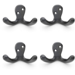 Loops 4 Pack - Solid Brass Victorian Double Robe Coat Hook - Wall Mounted Holder Matt Black
