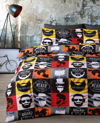 Velosso Colourful Beard Print Duvet Cover & Pillowcase Set, Funky Style Bed Linen, Button Enclosure, Machine Washable - Multicolour