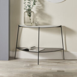 Pacific Lifestyle White Marble Effect Half Moon Console Table With Lower Shelf And Black Metal Legs 118Cm, Marchello - thumbnail 1