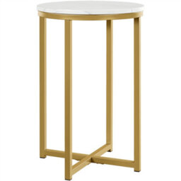 Yaheetech Antique Gold Faux Marble Top Wooden Side Table With X-Shaped Base And Metal Legs - thumbnail 3