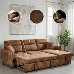Faux Leather Suede Brown Corner Sofa Bed With Storage 2C1 Sofabed - thumbnail 8