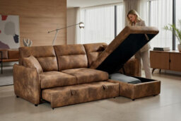 Faux Leather Suede Brown Corner Sofa Bed With Storage 2C1 Sofabed - thumbnail 9
