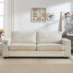 Living And Home 3-Seater White Chenille Upholstered Sectional Sofa With Pillows