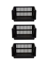 3 Tier Multi-Purpose Plastic Stacking Storage Basket Stackable Shelves Vege Fruit Food Stationary Organize Rack Stand Black 35Cm