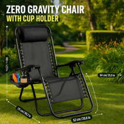 H4H Zero Gravity Folding Reclining Garden Lounger With Cup Holder Adjustable Headrest Outdoor Patio Sun Chair Heavy Duty Textoline - thumbnail 4
