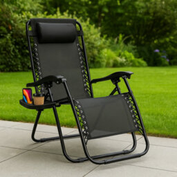 H4H Zero Gravity Folding Reclining Garden Lounger With Cup Holder Adjustable Headrest Outdoor Patio Sun Chair Heavy Duty Textoline - thumbnail 5