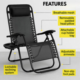 H4H Zero Gravity Folding Reclining Garden Lounger With Cup Holder Adjustable Headrest Outdoor Patio Sun Chair Heavy Duty Textoline - thumbnail 6