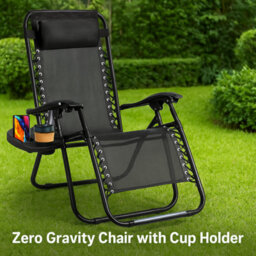 H4H Zero Gravity Folding Reclining Garden Lounger With Cup Holder Adjustable Headrest Outdoor Patio Sun Chair Heavy Duty Textoline - thumbnail 3