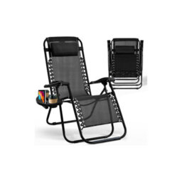 H4H Zero Gravity Folding Reclining Garden Lounger With Cup Holder Adjustable Headrest Outdoor Patio Sun Chair Heavy Duty Textoline - thumbnail 1
