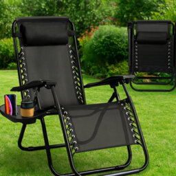H4H Zero Gravity Folding Reclining Garden Lounger With Cup Holder Adjustable Headrest Outdoor Patio Sun Chair Heavy Duty Textoline - thumbnail 2