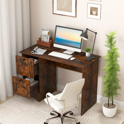 Costway Computer Desk With 2 Drawers Home Office Writing Desk Rustic Brown - image 1
