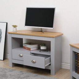 Furniturehmd Corner Tv Stand Unit Two Drawers Television Cabinet With Open Shelf Grey And Oak - thumbnail 2