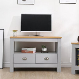 Furniturehmd Corner Tv Stand Unit Two Drawers Television Cabinet With Open Shelf Grey And Oak