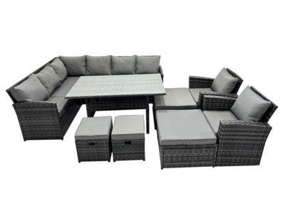 Fimous 12 Seat Poly Rattan Outdoor Patio Dining Table Corner Sofa Set With 4 Stool 2 Chairs For Garden Backyard Dark Grey Mixed - image 1