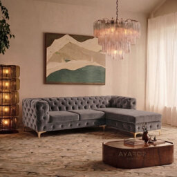 Monaco Chesterfield 3 Seater Chaise Sofa Grey Velvet L Shaped Corner Chaise - Right Hand Deep Buttoned Upholstery Couch Lounge - thumbnail 1