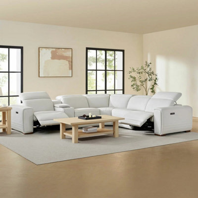 Xample Aiden & Ivy Karson Cream Leather Sectional Sofa Top Grain Leather, 3 Power Recliners With Power Headrests, Storage Console - image 1