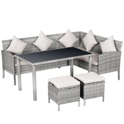 Wyld Haus Mora Rattan 7-Seater Outdoor Dining Set With 2 Sofa Sections, 2 Footstools And Rectangular Table - thumbnail 2