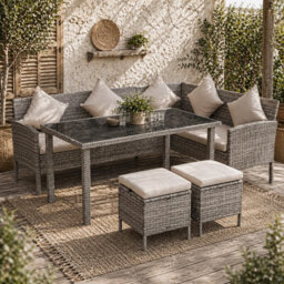 Wyld Haus Mora Rattan 7-Seater Outdoor Dining Set With 2 Sofa Sections, 2 Footstools And Rectangular Table - thumbnail 1