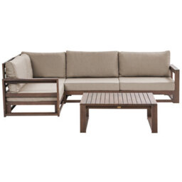 Beliani Garden Corner Sofa With Table 4 Seater Timor Right Hand Modular Certified Acacia Wood Dark Brown - thumbnail 1