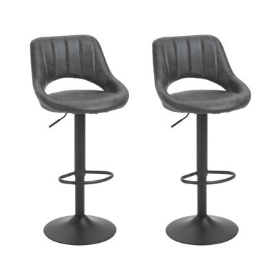 Set Of 2 Adjustable Swivel Height Gas Lift Pu Leather Counter Chairs With Footrest - Grey