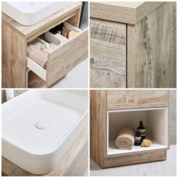 Homestylestore Light Oak 600mm Bathroom Vanity Unit Rectangular Chalk Countertop Basin Open Shelf - thumbnail 2