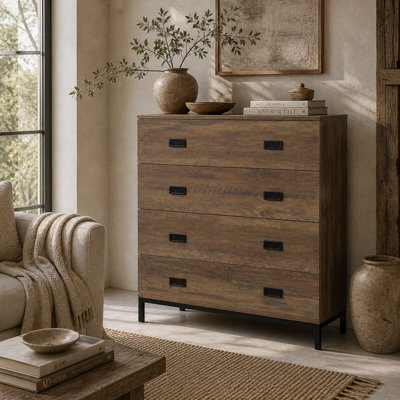 Wyld Haus Paleba Romi 4-Drawer Chest, Rustic Brown Wood-Effect With Steel Frame And Black Handles, 80W X 39D X 95H Cm - image 1