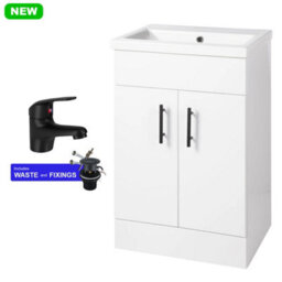 FNX Bathrooms 500mm Gloss White Freestanding Bathroom Vanity Unit With Basin, Matt Black Tap & Handles - thumbnail 1