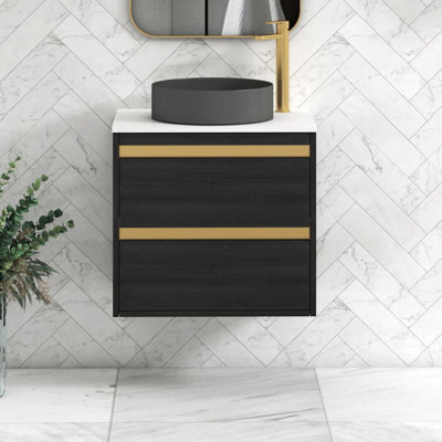 Royal Bathrooms Orion 600mm Hale Black Wall Hung Plain White Countertop Vanity Unit 2 Drawer With Art Round Basin & Brushed Brass Accent Trim - image 1