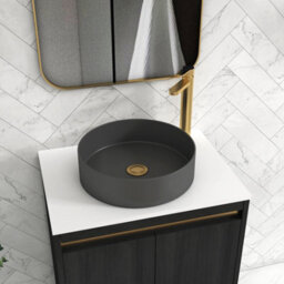 Royal Bathrooms Orion 600mm Hale Black Wall Hung Plain White Countertop Vanity Unit 2 Drawer With Art Round Basin & Brushed Brass Accent Trim - thumbnail 5