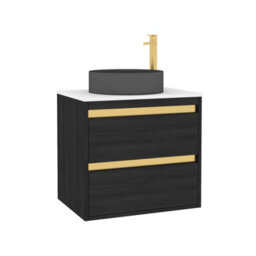 Royal Bathrooms Orion 600mm Hale Black Wall Hung Plain White Countertop Vanity Unit 2 Drawer With Art Round Basin & Brushed Brass Accent Trim - thumbnail 6