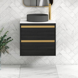 Royal Bathrooms Orion 600mm Hale Black Wall Hung Plain White Countertop Vanity Unit 2 Drawer With Art Round Basin & Brushed Brass Accent Trim - thumbnail 1