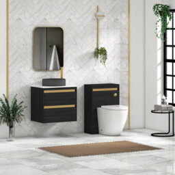 Royal Bathrooms Orion 600mm Hale Black Wall Hung Plain White Countertop Vanity Unit 2 Drawer With Art Round Basin & Brushed Brass Accent Trim - thumbnail 3