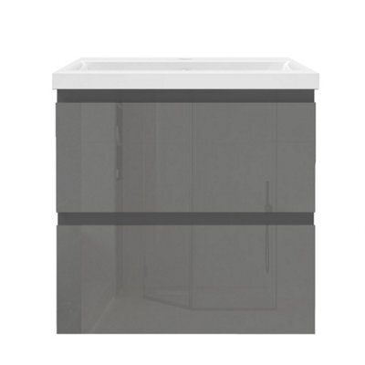 Sline 500mm Wall-Hung Gloss Anthracite Bathroom Vanity Unit With Integrated Sink,2 Soft-Close Drawers For Storage - image 1