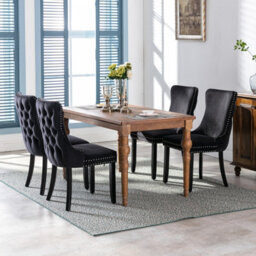 HomeTouch Set Of 2 Lux Velvet Tufted Kitchen Dining Chairs With Wooden Legs, High Back Office Bedroom Chairs Black - thumbnail 5