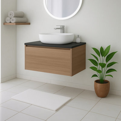 Plum&clay Matterhorn Oak Wall Hung Bathroom Vanity Unit With Black Countertop (W)750mm (H)450mm - image 1
