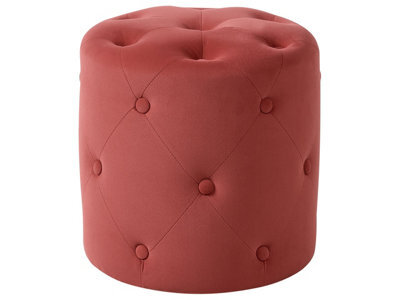 Beliani Round Tufted Coral Red Velvet Chesterfield Ottoman Pouffe, 40Cm. - image 1