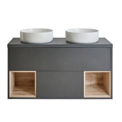 Homestylestore Black Grey 1200mm Wall Hung Bathroom Vanity Unit With 2 Countertop Round Basins And Led Light - image 1