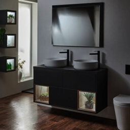 Homestylestore Black Grey 1200mm Wall Hung Bathroom Vanity Unit With 2 Countertop Round Basins And Led Light - thumbnail 3