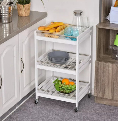 3-Tier Kitchen Trolley Wooden White Serving Cart Steel Bars Rolling 4 Wheels - image 1