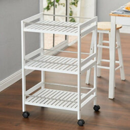 3-Tier Kitchen Trolley Wooden White Serving Cart Steel Bars Rolling 4 Wheels - thumbnail 4