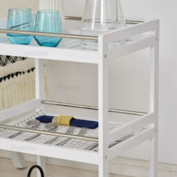 3-Tier Kitchen Trolley Wooden White Serving Cart Steel Bars Rolling 4 Wheels - thumbnail 5
