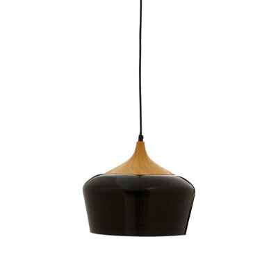 Orsina Unique Black Conical Pendant Light With Natural Wood Crown, Sleek Metal Hanging Lamp, Modern Pendant Light - image 1