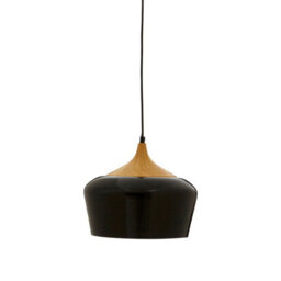 Orsina Unique Black Conical Pendant Light With Natural Wood Crown, Sleek Metal Hanging Lamp, Modern Pendant Light
