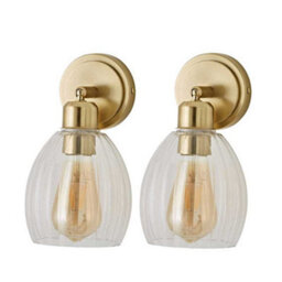 Valuelights Cheltenham Pair Of Brushed Gold Adjustable Wall Spotlights With Ribbed Shade And Bulbs