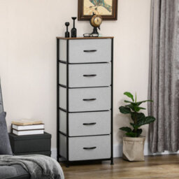 Homcom 5 Drawer Fabric Chest Of Drawers W/ Wooden Top For Hallway Grey