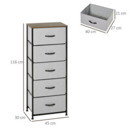 Homcom 5 Drawer Fabric Chest Of Drawers W/ Wooden Top For Hallway Grey - thumbnail 3