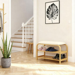 Bamboo Shoe Rack Bench With Cushion Seat 2 Tier Wooden Shoe Storage Unit For Hallway Entryway Or Bedroom 70X30X47Cm - thumbnail 5