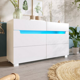 Btm Sideboard Cabinet With 6 Drawers Rgb Led App Control Cutout Handles Storage Chest 71X120X40Cm White - thumbnail 4