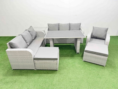 Fimous Rattan Garden Furniture Dining Set 9-Seater Patio Rectangular Table Sofa Set With Side Table 2 Big Stools Light Grey - image 1